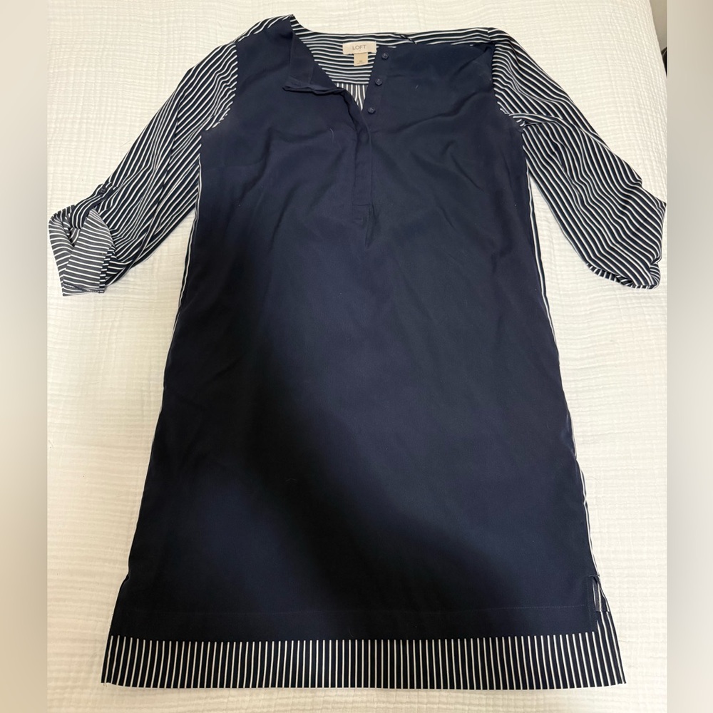 LOFT Navy and Cream Striped Satin Dress